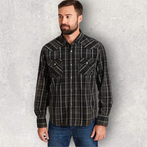 BKE Buckle Contour Fit Plaid Shirt Grey Pearl Snap Long Sleeve Men’s Sz XXL - Picture 1 of 7